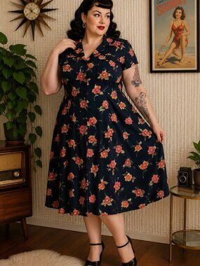 Vintage Karin Stevens Woman Floral Midi Dress 90s Navy Button Front Plus Size 22